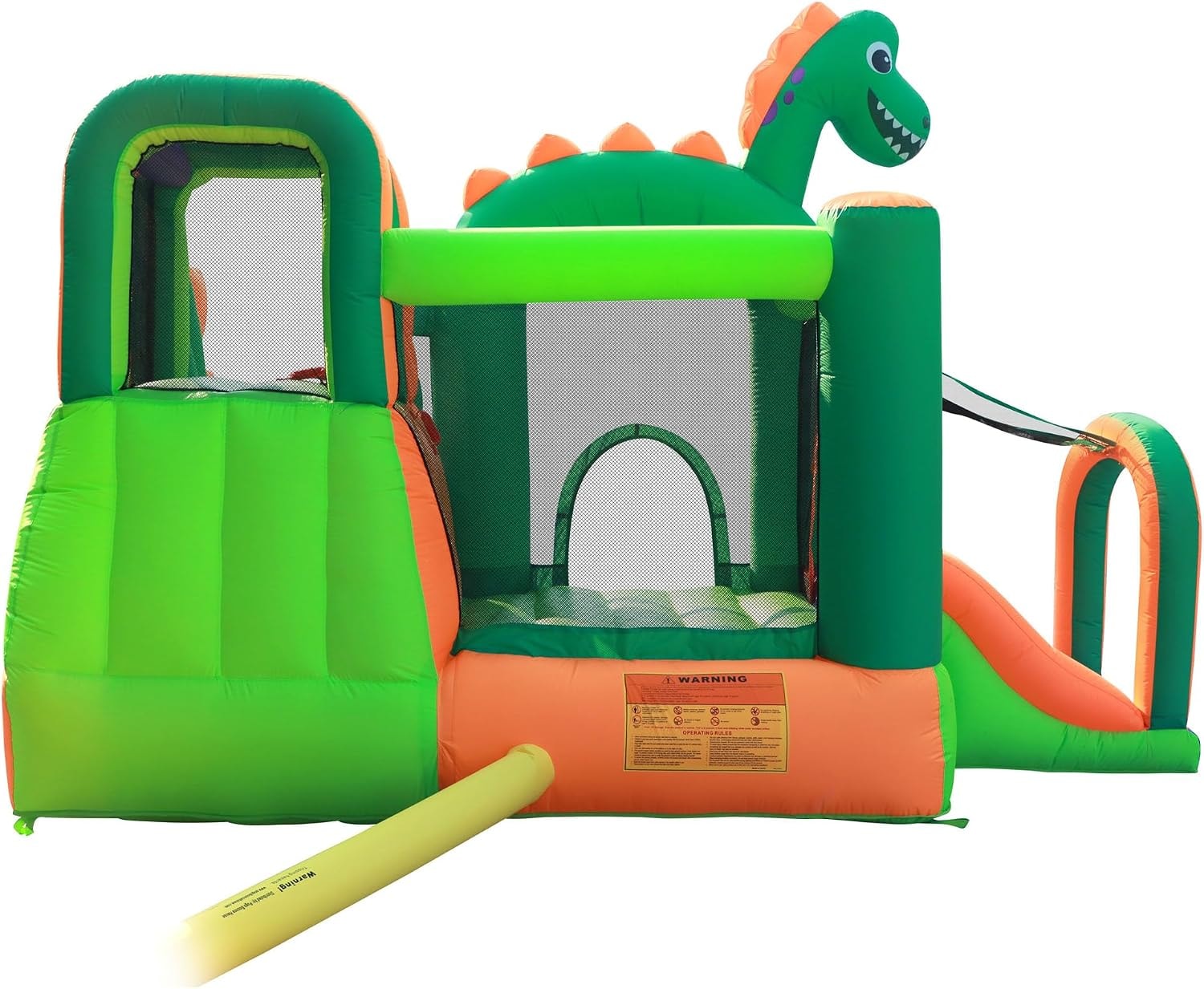 Dinosaur bounce house side view showing slide