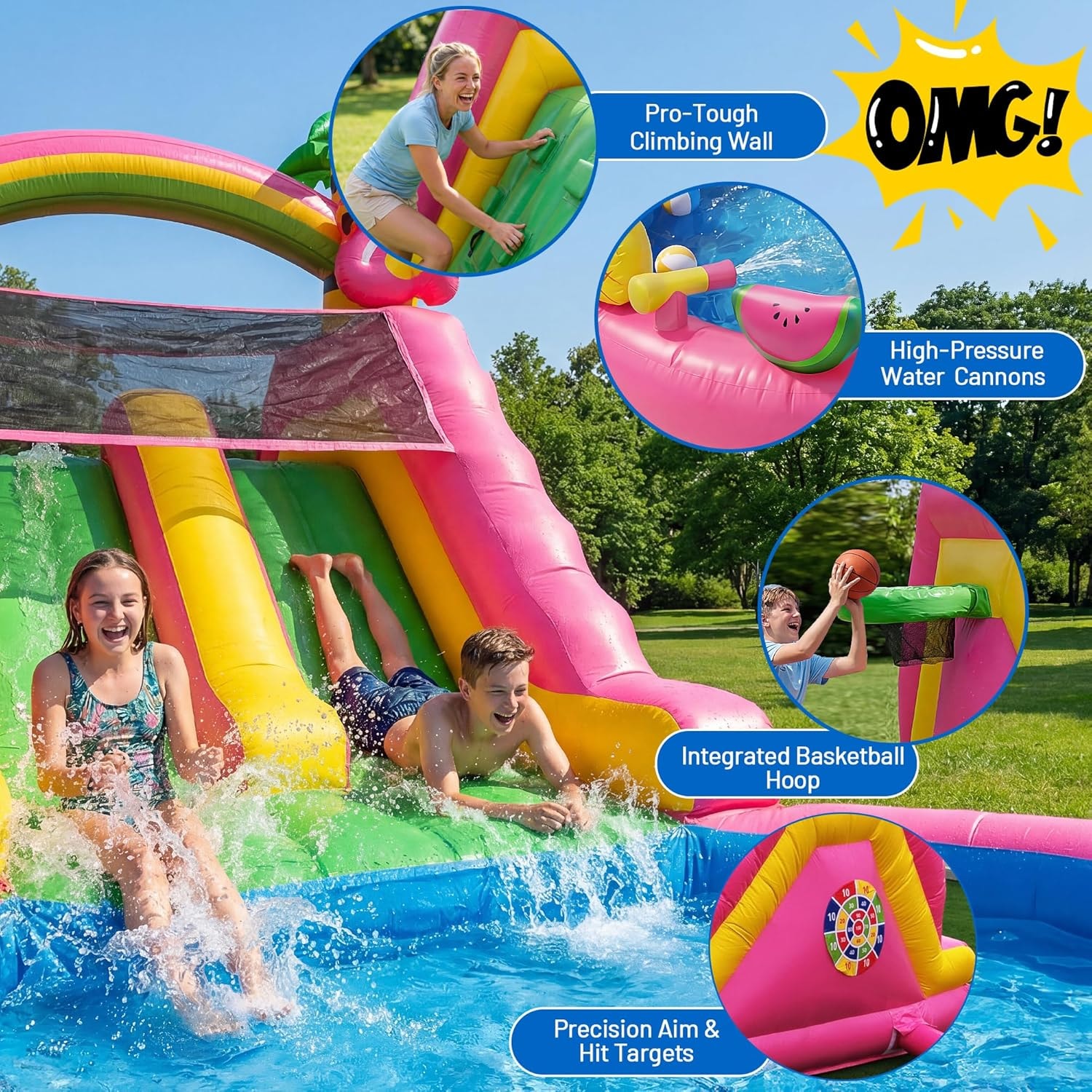 Flamingo water slide features — climbing wall, dual slides, high-pressure water cannons, basketball hoop, and dart targets