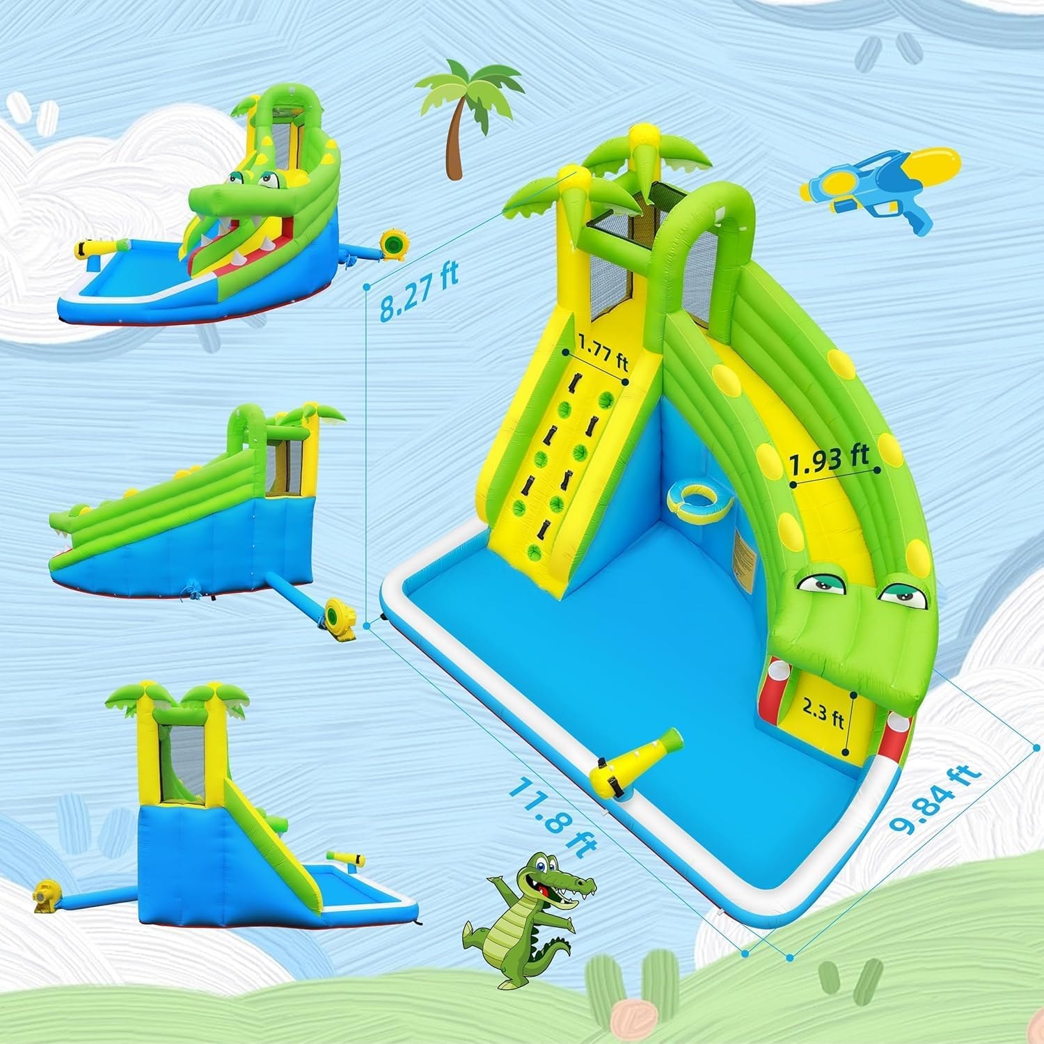 Gator water slide dimensions — 11.8ft x 9.84ft x 8.27ft with climbing wall, slide, and splash pool