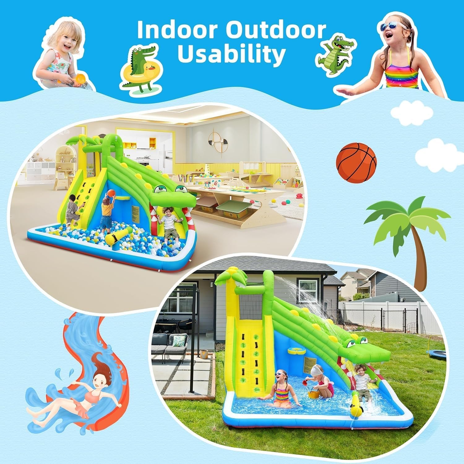 Gator water slide shown indoors as a ball pit and outdoors as a water slide with splash pool
