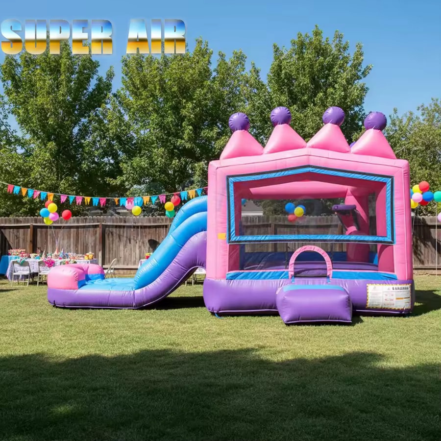 Pink Princess Crown Bounce House with Slide