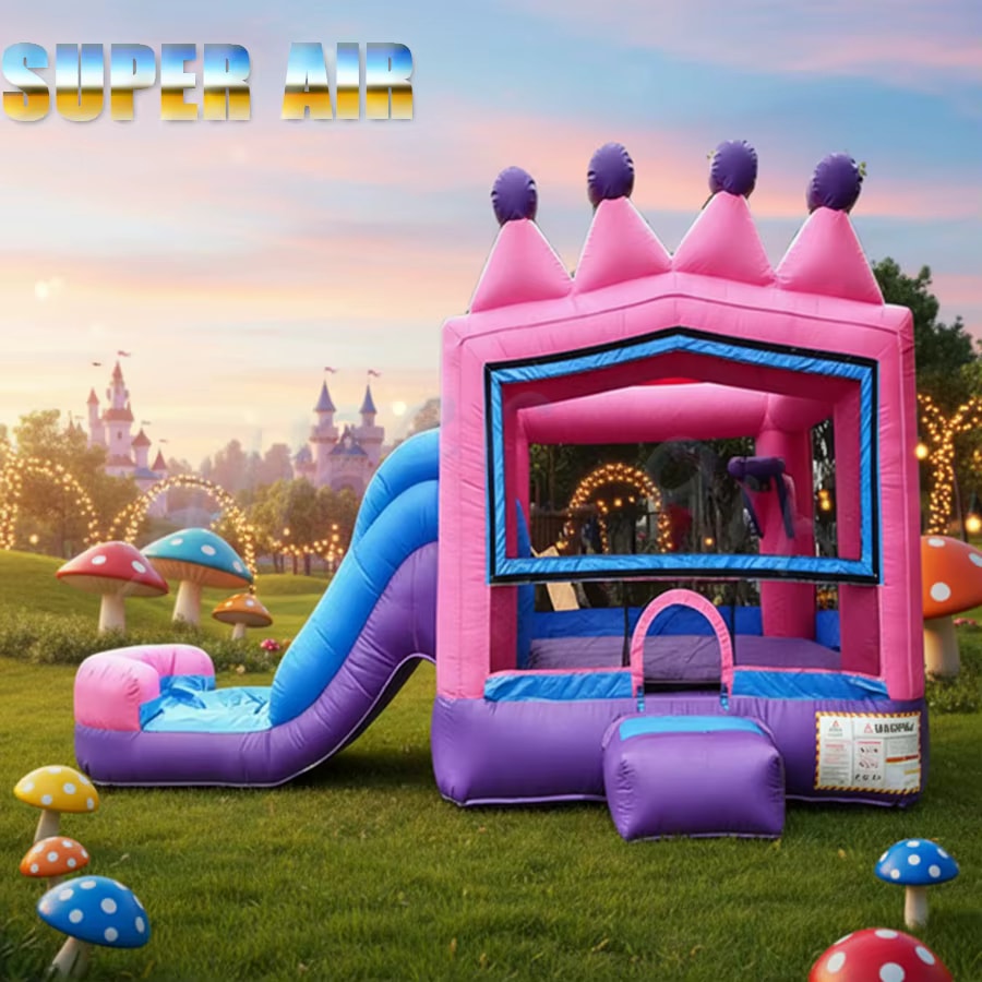 Pink Princess Crown bounce house angle view