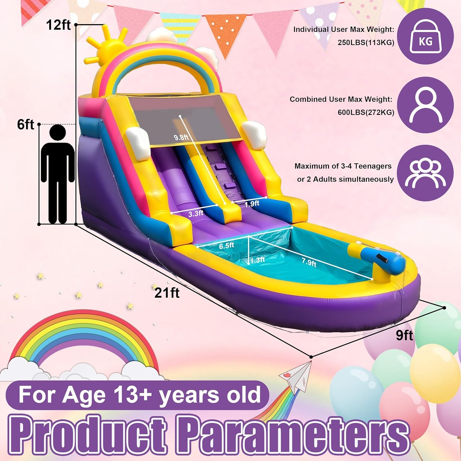 Rainbow water slide product parameters — 21ft x 9ft x 12ft, 600 lb capacity, ages 13+