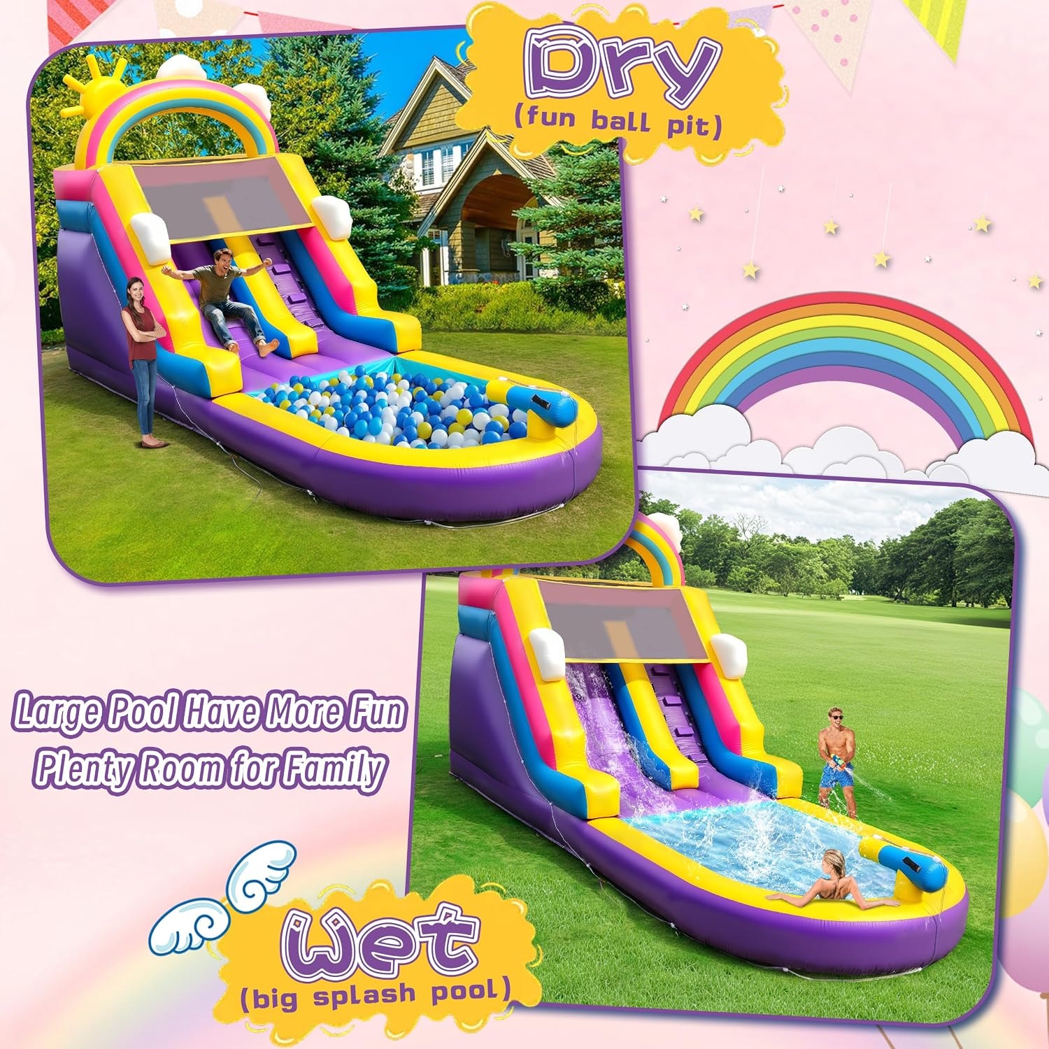 Rainbow water slide shown dry as a ball pit and wet with big splash pool