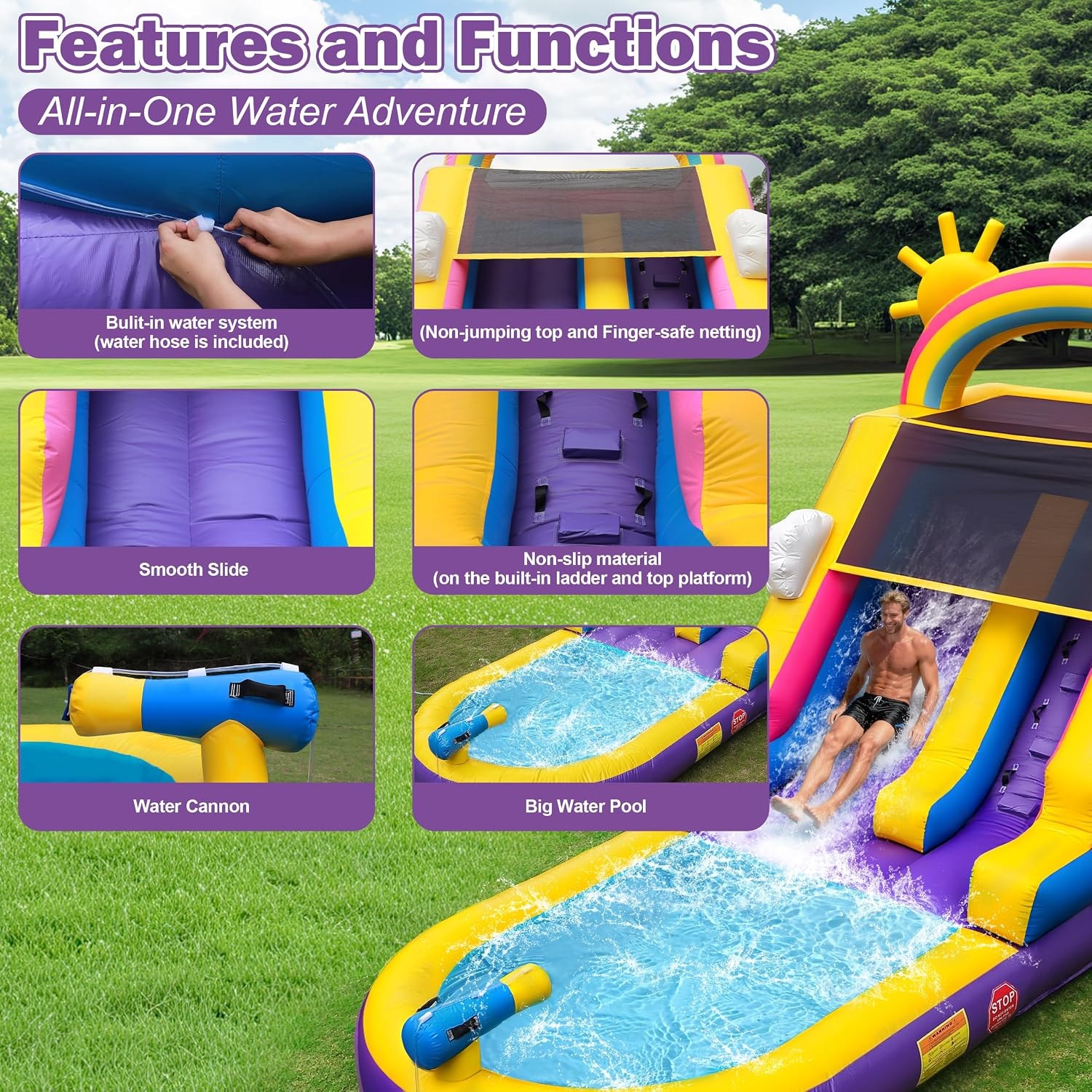 Rainbow water slide features — built-in water system, smooth slide, non-slip ladder, water cannon, and big pool