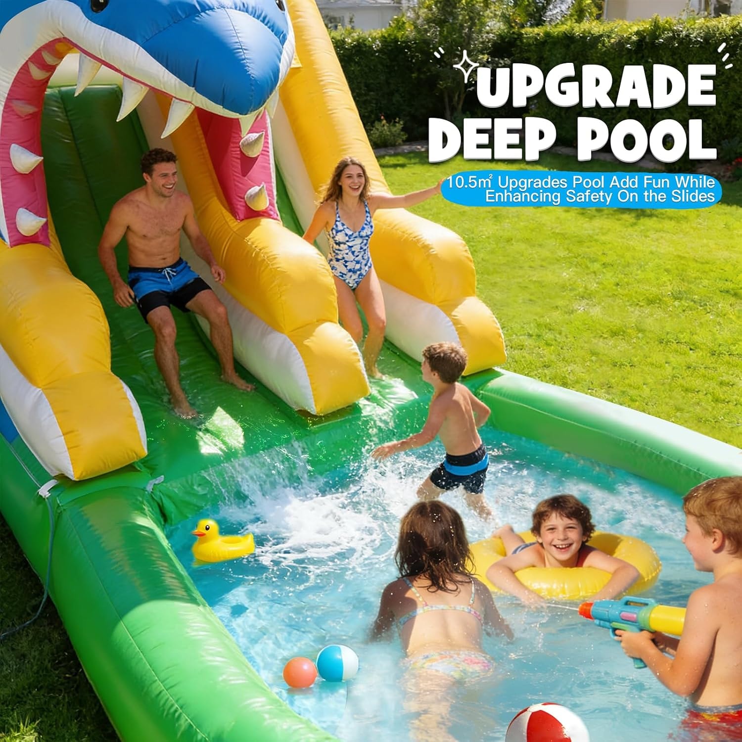 Shark combo water slide — 1M wide slide with kids splashing into deep pool