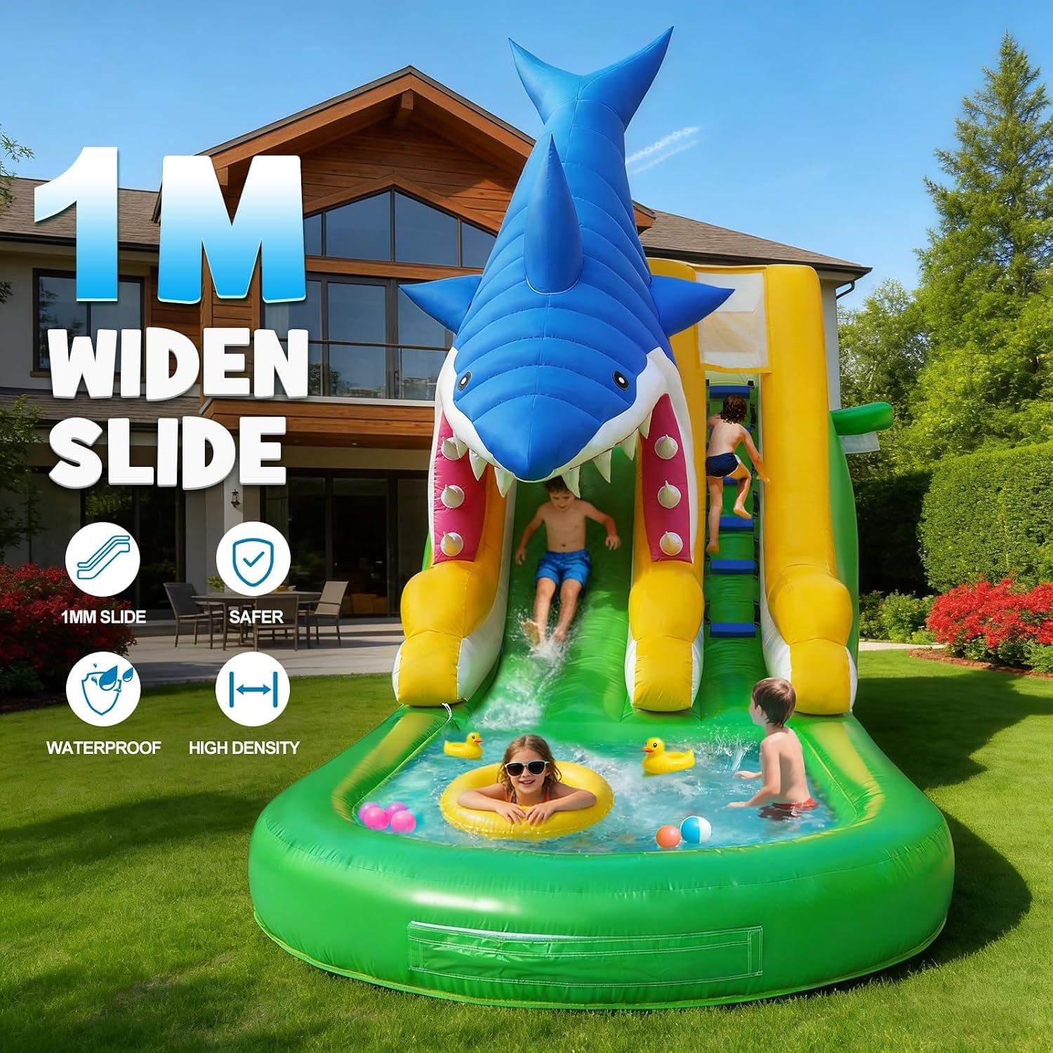 Shark combo slide dimensions — 25.26ft x 8.85ft x 9.84ft with upgraded deep pool