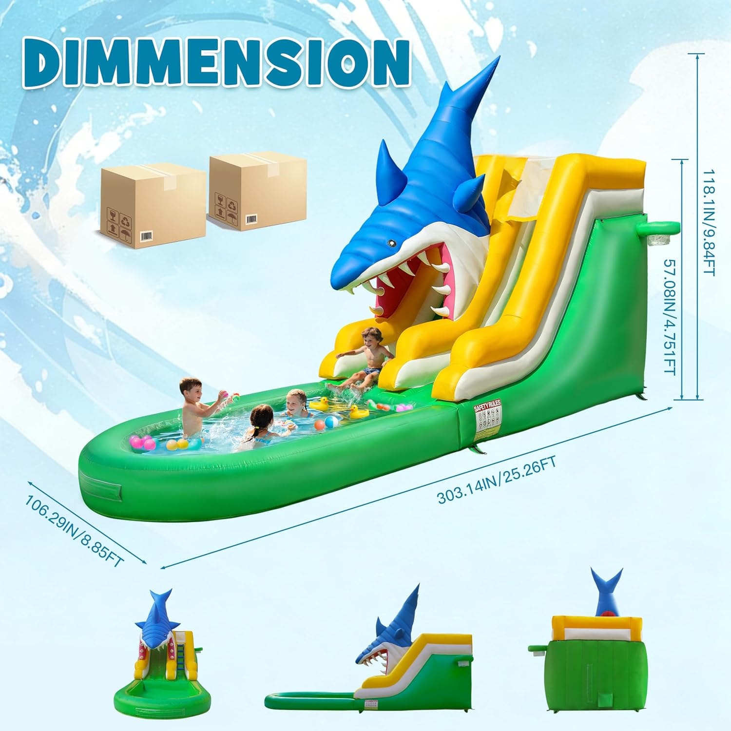 Shark combo slide upgraded 10.5m² deep splash pool with family enjoying water play