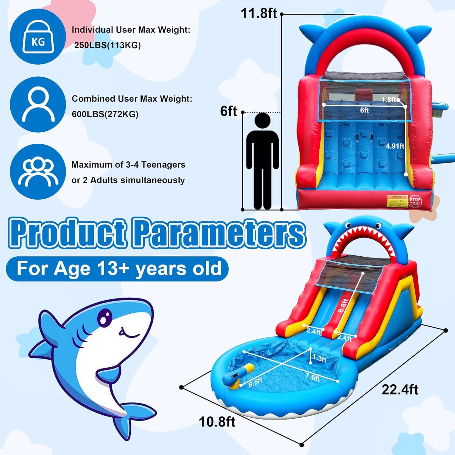 Shark water slide product parameters — 22.4ft x 10.8ft x 11.8ft, 600 lb capacity, ages 13+