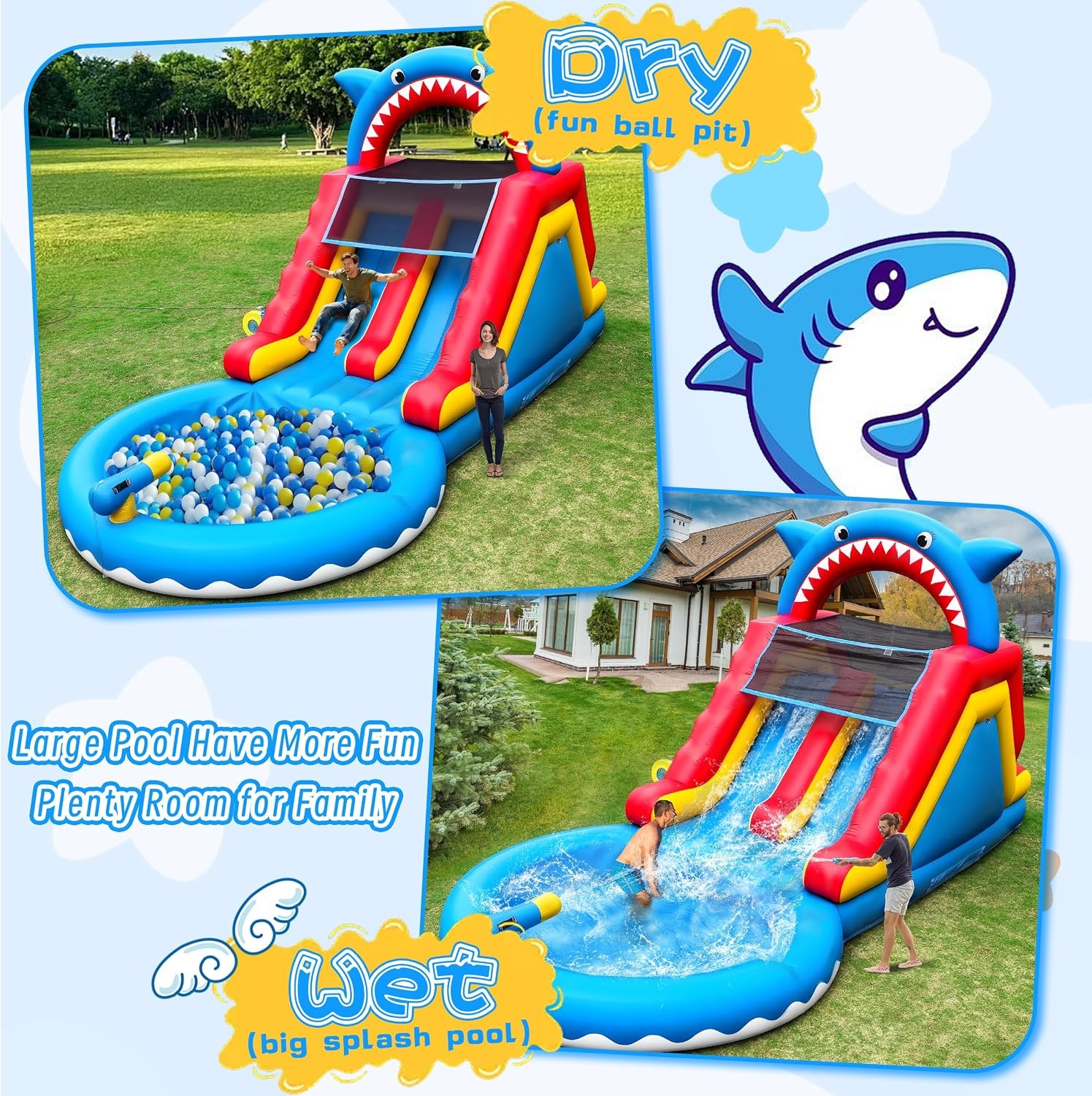 Shark water slide shown dry with ball pit and wet with splash pool