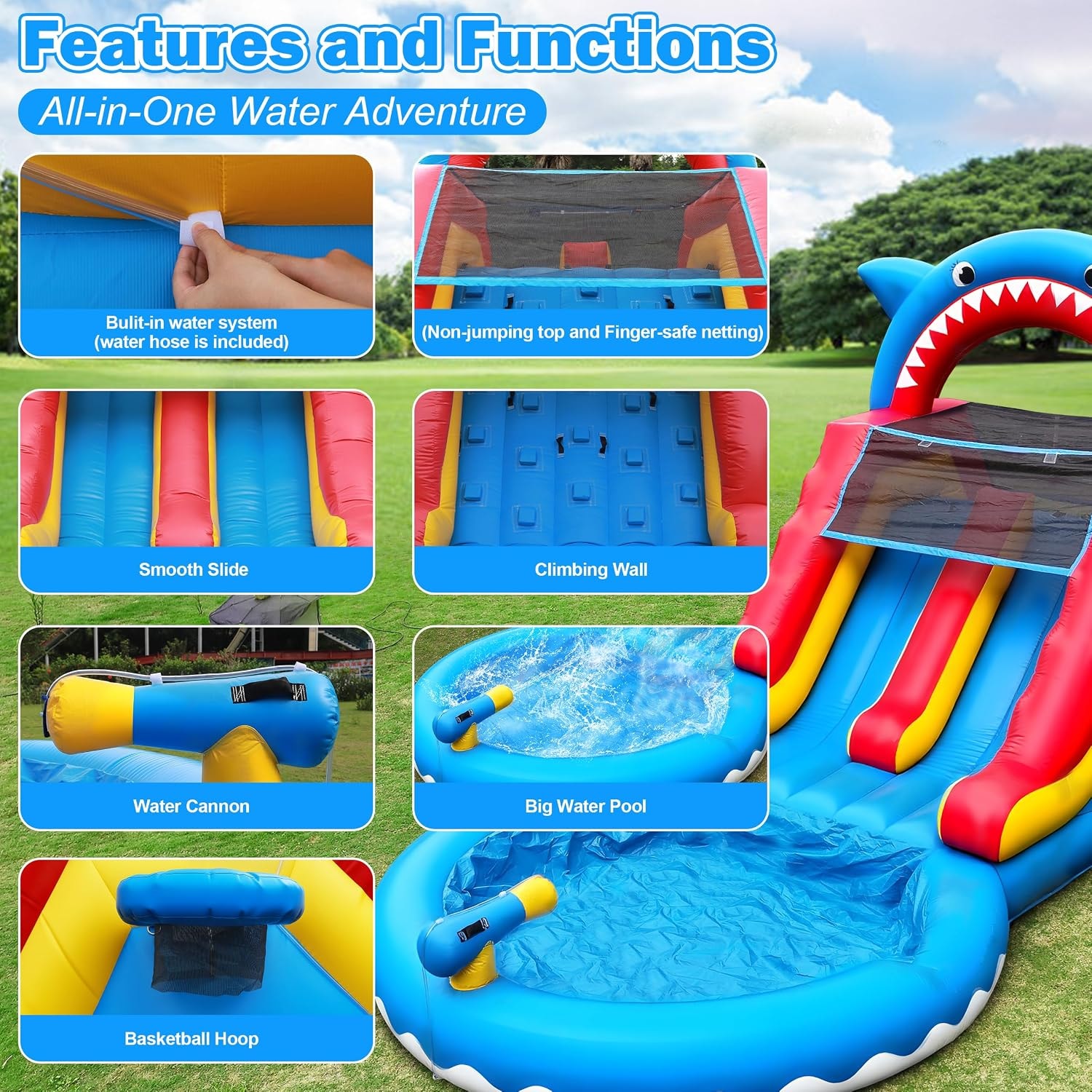 Shark water slide features and functions — dual slides, climbing wall, water cannon, basketball hoop and pool