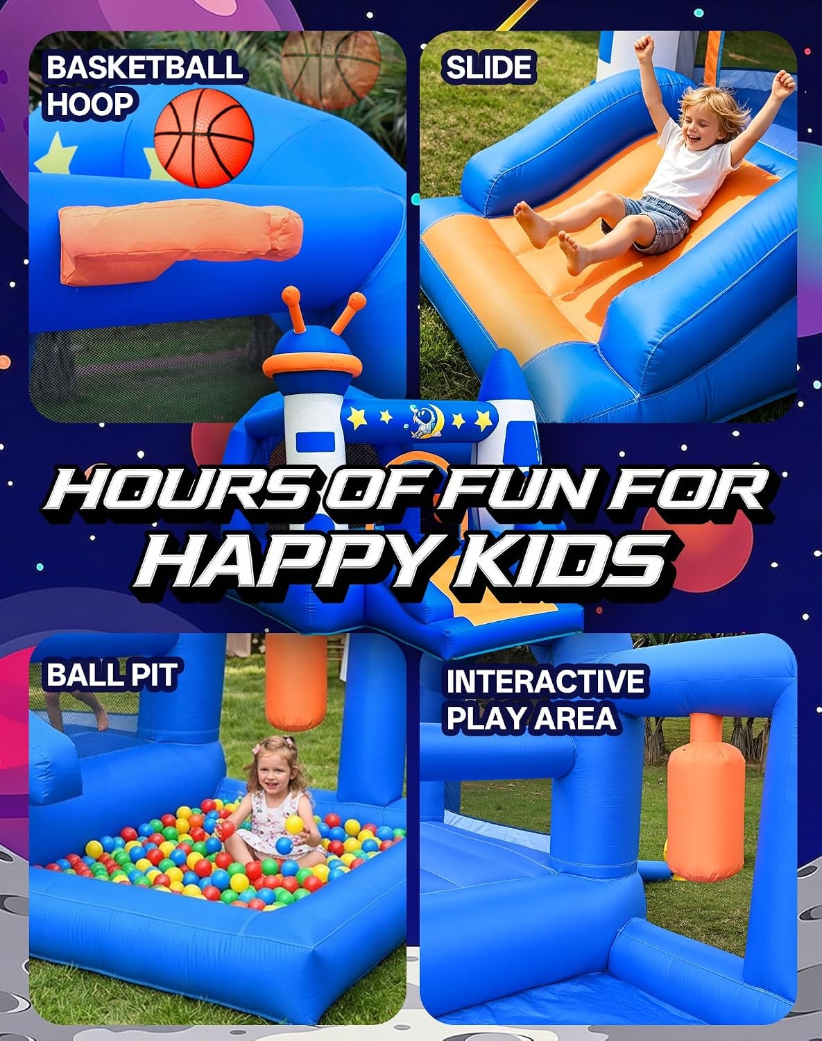 Basketball hoop, slide, ball pit and interactive play area
