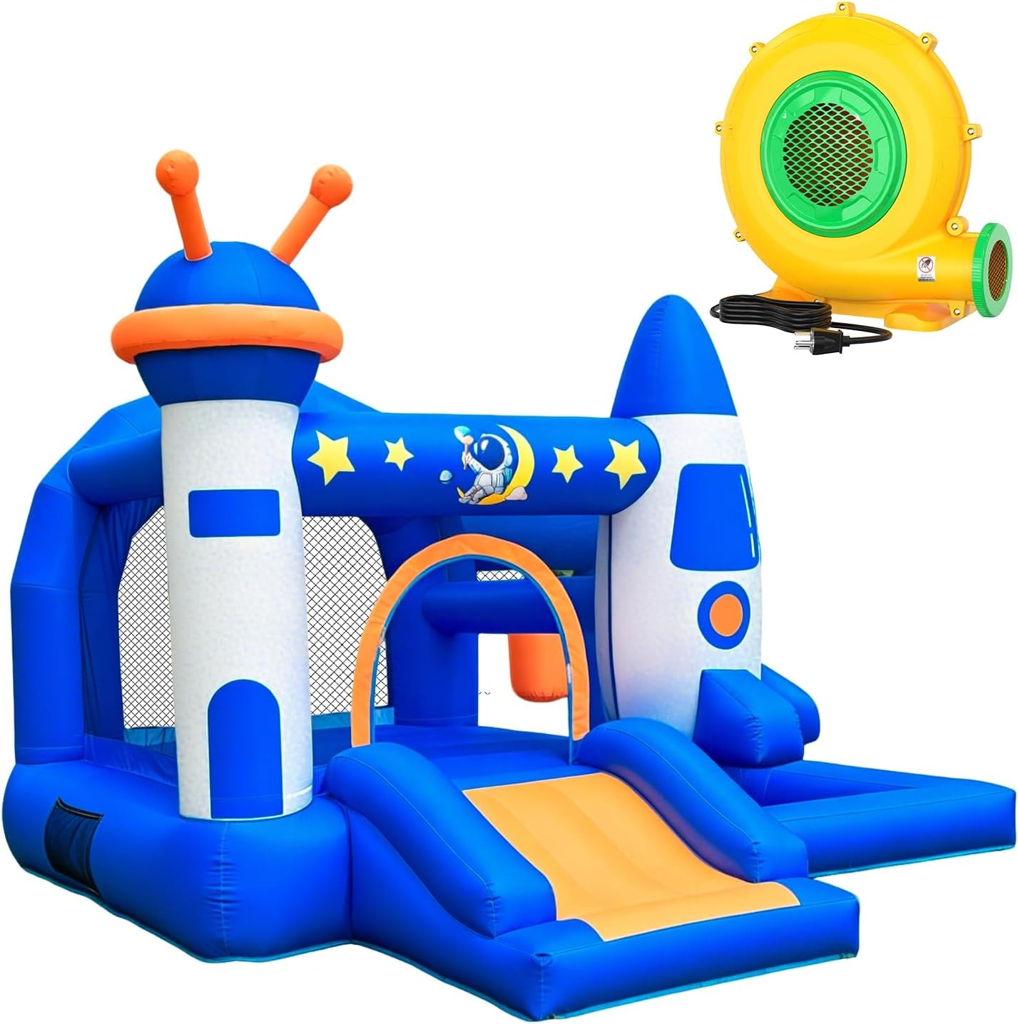 Space rocket bounce house with blower