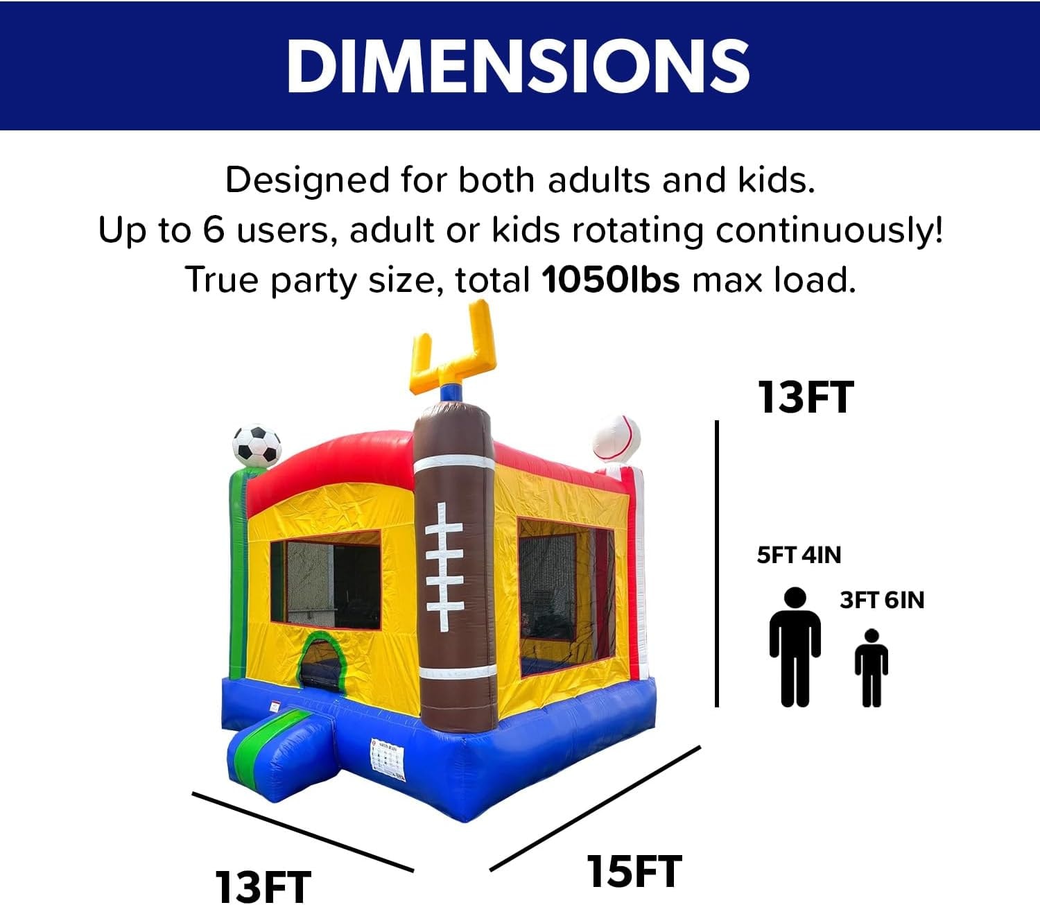 Sports bounce house dimensions chart — 13x15x13 ft