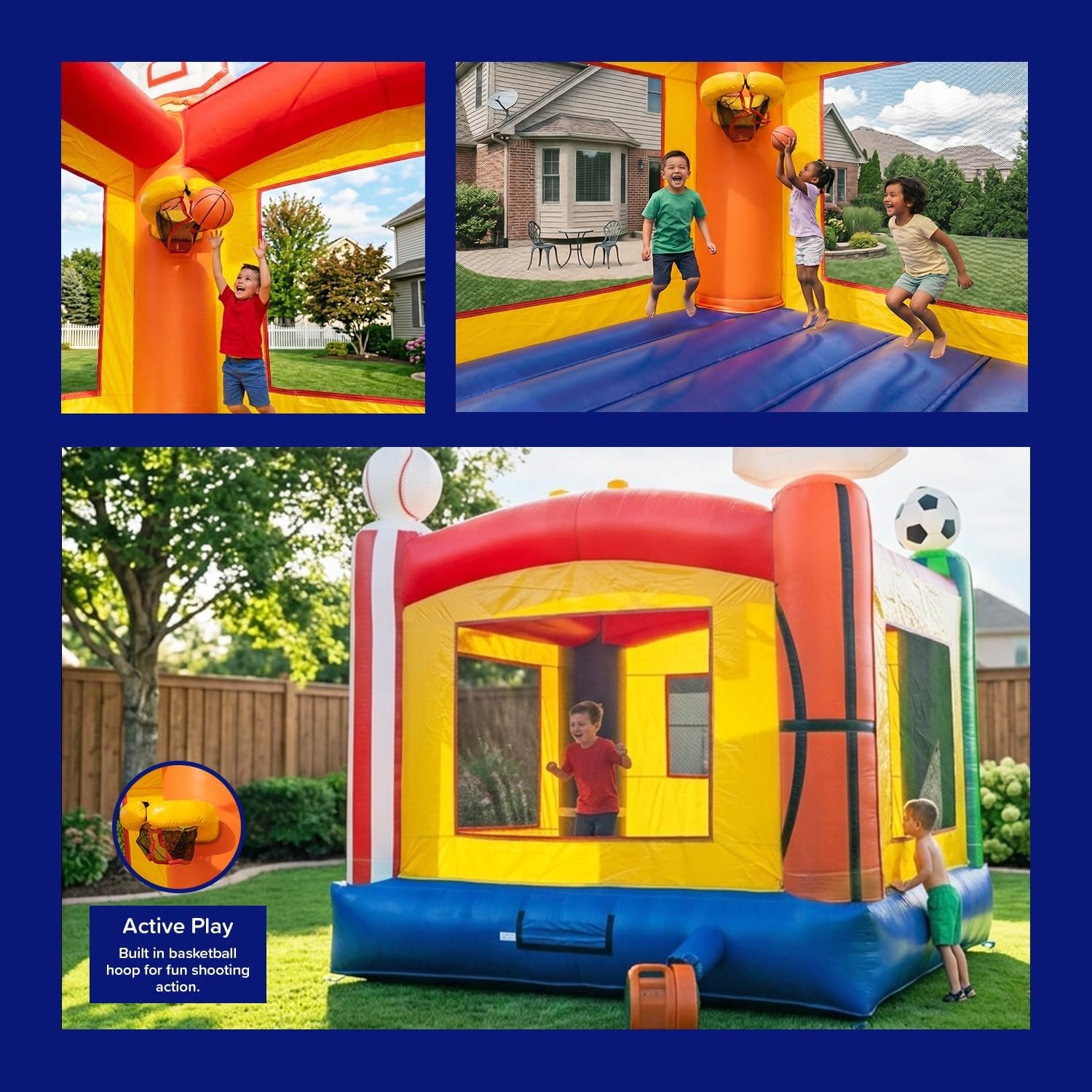 Kids playing in sports bounce house with basketball hoop