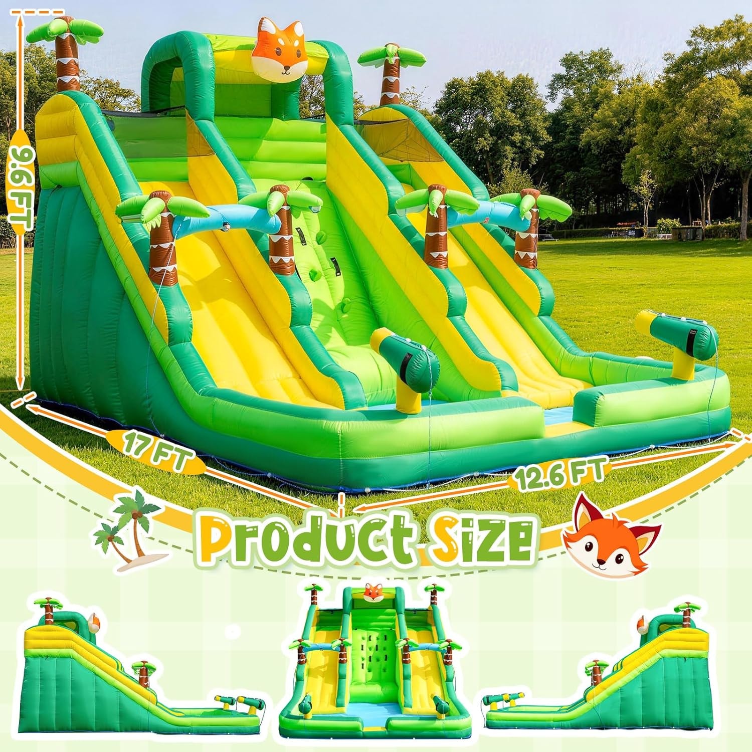 Tropical Fox water slide dimensions — 17ft x 12.6ft x 9.6ft