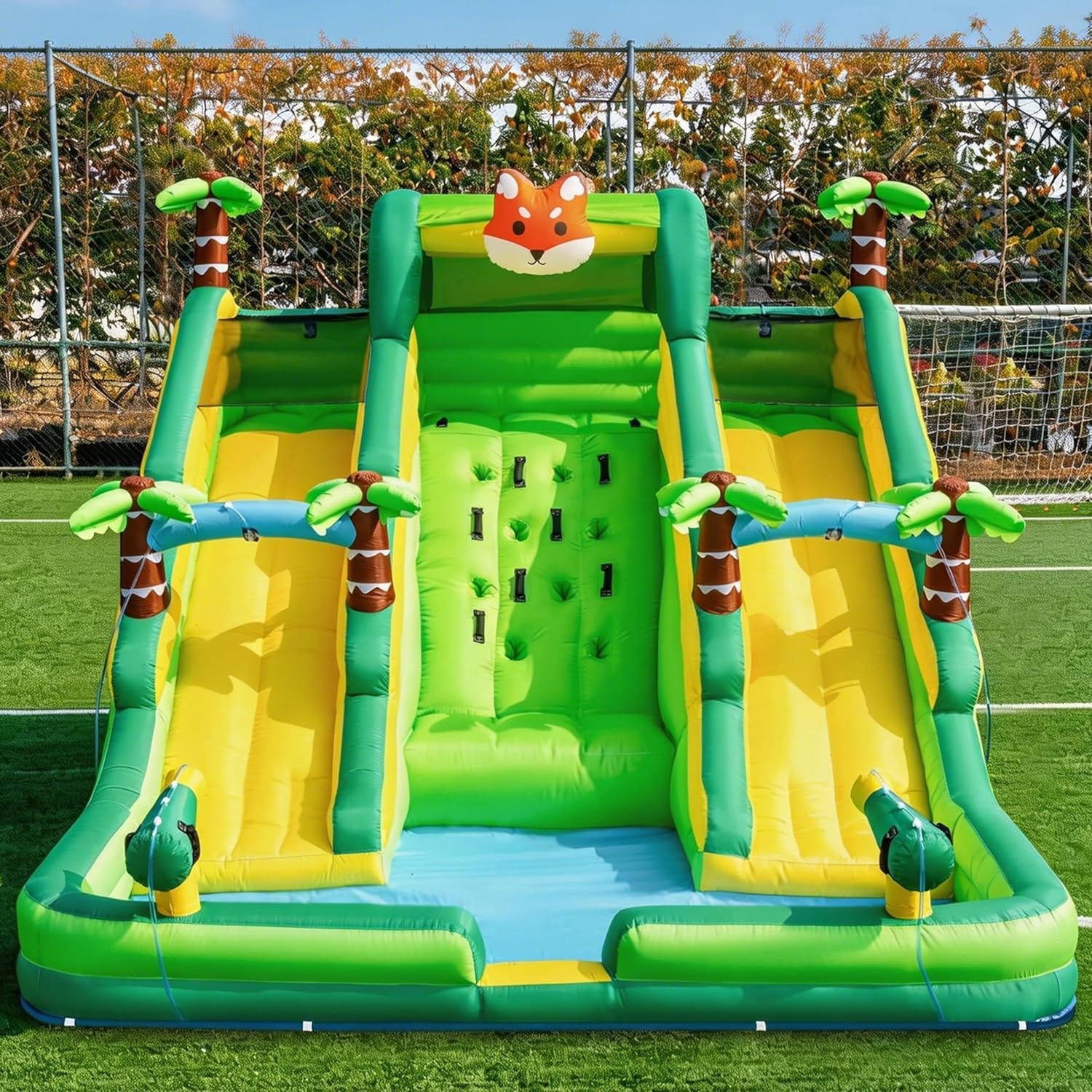 Tropical Fox water slide front view showing three slides and splash pool